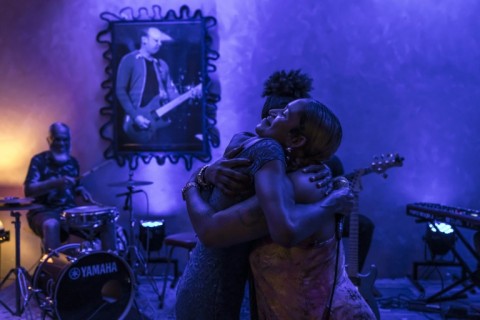 Ceuzany gives a hug following a concert in Mindelo in May 2026
