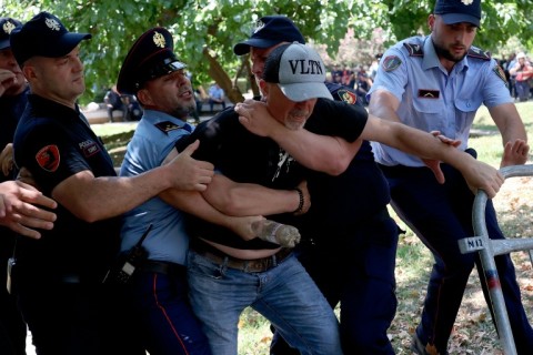 Hundreds of demonstrators were met with lines of riot police leading to clashes and arrests
