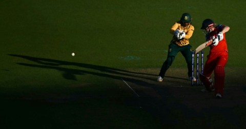 England's Heather Knight cuts during a Women's T20 World Cup semi-final against South Africa at the Oval