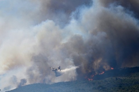 A French civil protection service plane drops water on a huge forest fire in the Pyrenees