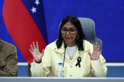 Venezuela's interim President Delcy Rodriguez speaks during a press conference at the Generalisimo Francisco de Miranda Air Base in Caracas on July 2, 2026