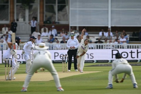 India's Sayali Satghare bowls against England in the inaugural women's Test at Lord's