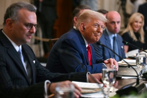 US President Donald Trump, flanked by US Senior Advisor for Africa Massad Boulo and White House Deputy Chief of Staff Stephen Miller, participates in a multilateral lunch with visiting African Leaders in the State Dining Room of the White House
