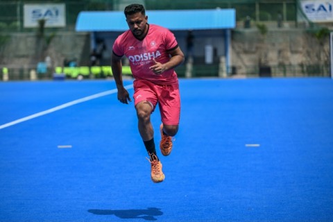 India captain Harmanpreet Singh is put through his paces in training. "The road to gold won't be easy in the World Cup or the Olympics, but we are in good shape," he says