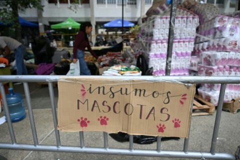 Volunteers organized donations next to a sign reading "pet supplies" at a collection point at the Central University of Venezuela in Caracas