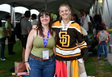 Sisters Adelaide Hall (R) and Delaney Hall of San Diego were first in line to enter Hall H at Comic-Con in San Diego, California