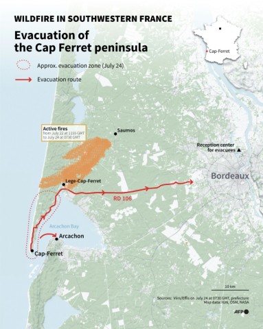 Wildfire in southwestern France: evacuation of the Cap Ferret peninsula