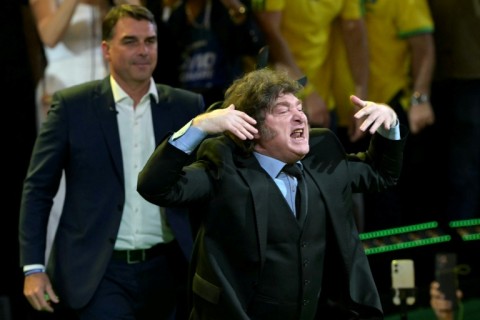 Argentina's libertarian President Javier Milei joined the convention in person to lend support to Flavio Bolsonaro