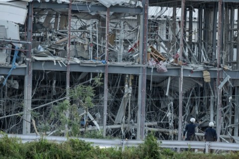The earthquake-damaged Aeon Mall Kumamoto in Kashima, Kumamoto Prefecture