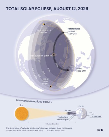 A map showing the location of the solar eclipse on August 12, 2026