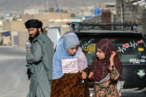 Two girls walk to a madrassa or Islamic school in Kandahar