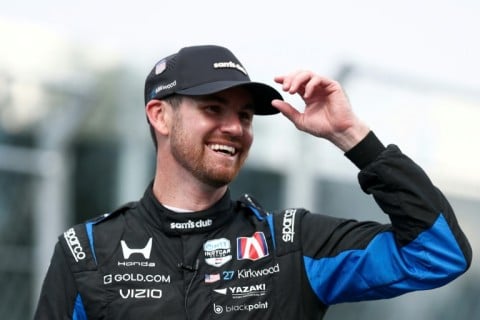 American driver Kyle Kirkwood celebrates after winning the Freedom 250 Grand Prix IndyCar race over the streets of Washington