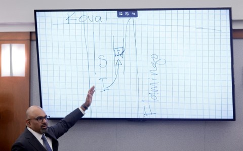 Prosecutor Binu Palal points to a map during the trial of Duane Davis for the murder of rapper Tupac Shakur