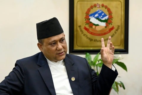 Nepal's Foreign Minister Shisir Khanal speaks during an interview with AFP in Kathmandu