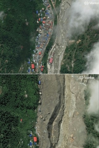 Satellite images released by Vantor shows a part of the town of Timure, Nepal on July 1, 2026 (top) and on August 28, 2026 (bottom) after the floods
