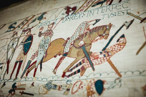 Previous plans to loan the tapestry - this panel shows depicts King Harold's death - were aborted in 1953 for the coronation of Queen Elizabeth II, and in 1966 for the 900th anniversary of the Battle of Hastings