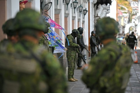 Members of the Ecuadorian military guard the Carondelet Palace ahead of the arrival of US Secretary of State Marco Rubio, who will be received by Ecuador’s President Daniel Noboa in Quito