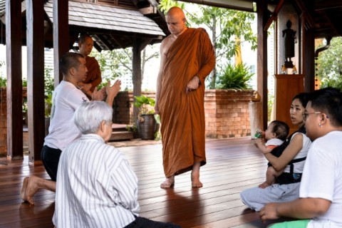 British and Thai Buddhist monk Shaun Chiverton, now known as Ajahn Jayasaro, speaks with devotees in Bangkok