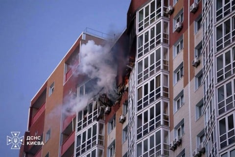 One person was killed and at least others wounded when a high-rise building was hit in southeast Kyiv