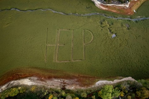 The word 'HELP' has appeared on the dry lake bed
