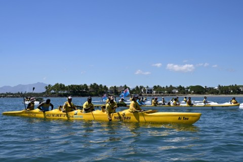 Climate advocates and Greenpeace campaigners sail towards the venue of the Pacific Pre-COP31 Summit in Nadi on October 7, 2026