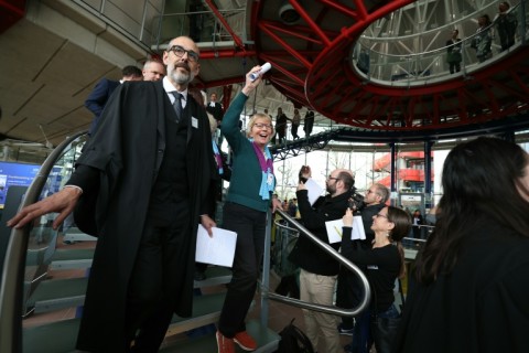 Swiss retirees celebrate a landmark victory at the European Court of Human Rights in April 2024, when the court for the first time found Switzerland responsible for failing to take sufficient action against climate change