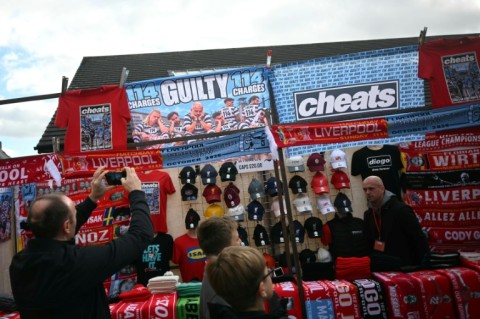 Merchandise for sale outside Anfield ahead of the Premier League match between Liverpool and Manchester City