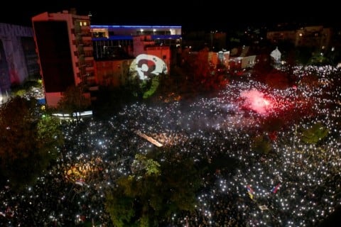 The crowds filled a square and surrounding streets in Belgrade