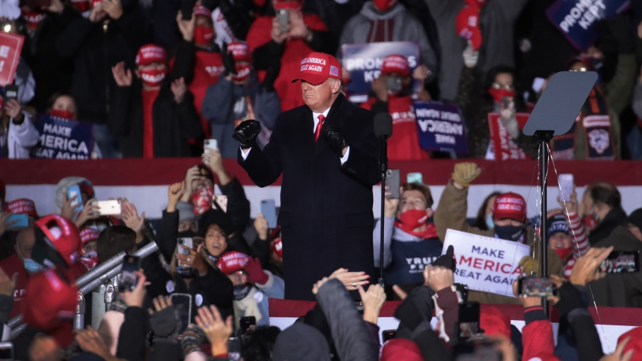 FILE: President Donald Trump speaks to supporters during a campaign rally at the Kenosha Regional Airport on November 02, 2020 in Kenosha, Wisconsin. Trump, who won Wisconsin with less than 1 percent of the vote in 2016, currently trails former vice president and Democratic presidential candidate Joe Biden in the state according to recent polls. (AFP)​​​​​​​