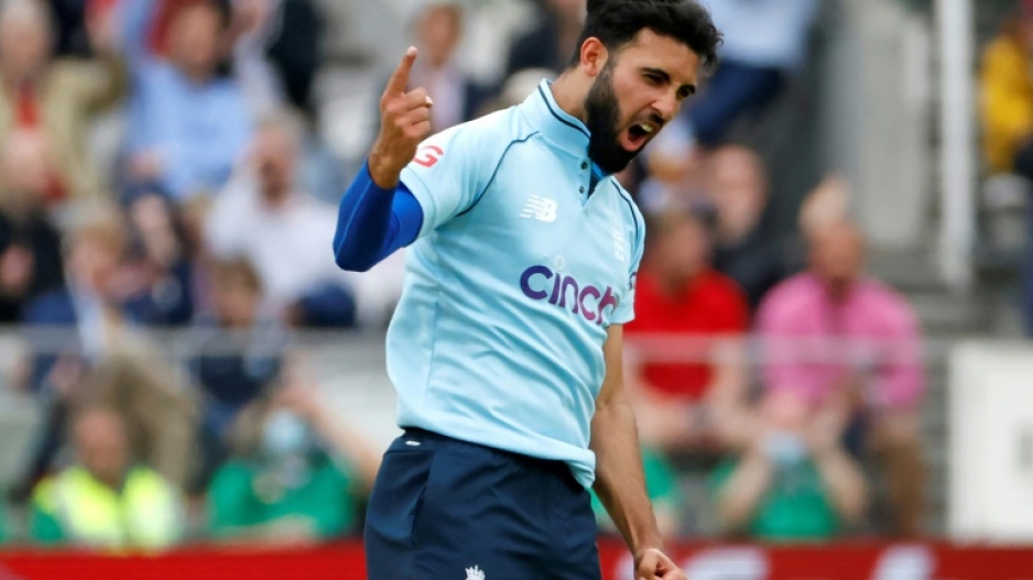 England's Saqib Mahmood celebrates