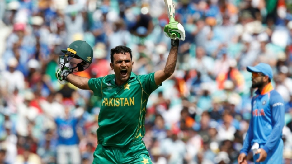 Century-maker: Pakistan's Fakhar Zaman celebrates reaching his 100 during the ICC Champions Trophy final in 2017