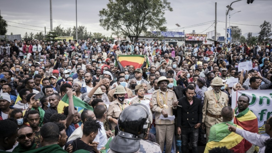 Crowds gathered outside the British embassy in Addis Ababa during a 'No More' protest against alleged foreign meddling and 'fake news' 