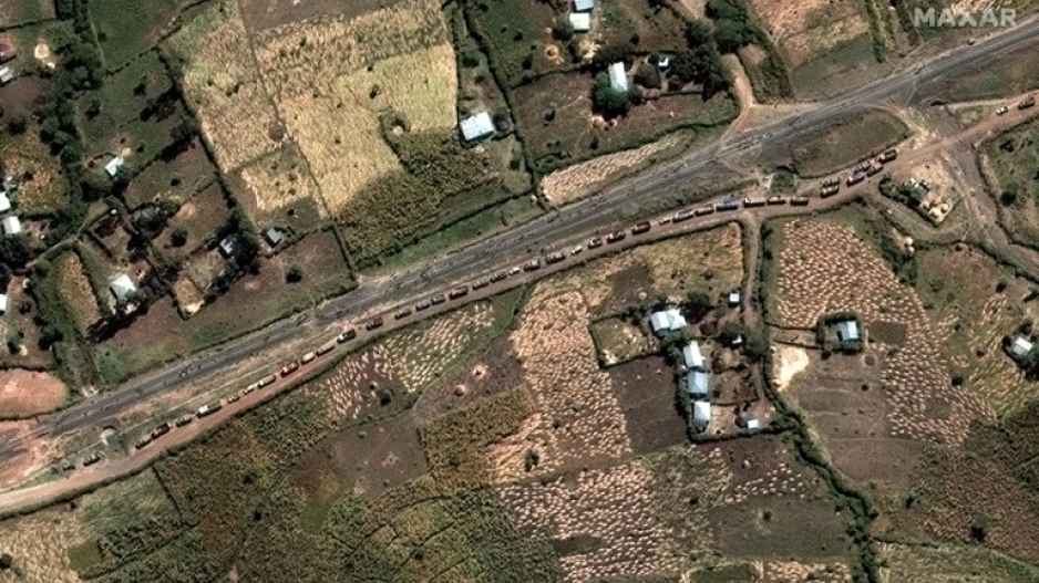 This satellite image released by Maxar Technologies on December 7, 2021, reportedly shows Ethiopian troops and military equipment as they move north toward Kombolcha and Dessie, Ethiopia, on December 5, 2021
