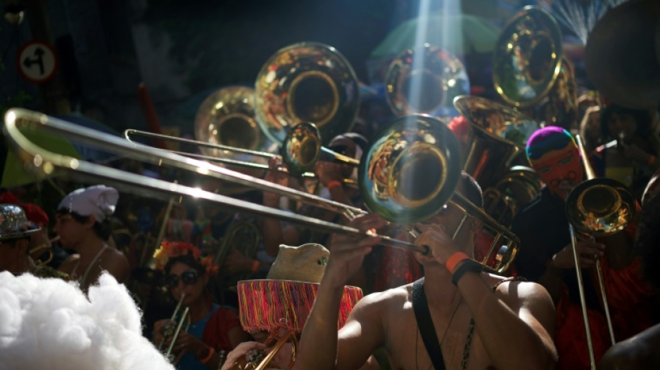 Members of the 'Heaven on Earth' bloco's brass band