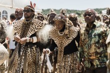 King of the Zulu nation, Misuzulu Zulu (L), traditional Prime Minister of the Zulu nation Prince Mangosuthu Buthelezi (C) and former South African President Jacob Zuma (R) attend the reenactment of the Battle of Isandlwana, in Isandlwana on January 21, 2023.
