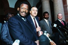 (From L to R) Kwa-Zulu president of Inkatha movement who represents the Zulu's Mangosuthu Buthelezi, Pik Botha, Minister of Foreign affairs, General Bantu Holomisa, leader of nominaly independant Transkei who represents the Xhosas and Adrian Vlok, Minister of Police held talks on August 21, 1990 on ways of ending the township killings. (Photo by Trevor SAMSON / AFP)