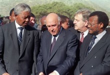 African National Congress (ANC) President Nelson Mandela, South African President Frederik W. De Klerk, South African Foreign Minister Pik Botha and Inkatha Freedom Party leader Mangosuthu Buthelezi, gather 03 April 1994 in Moria near Pietersburg during the Zion Christian Church (ZCC) meeting.
