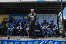 Members of the Johannesburg Metro Police Department (JMPD) march during the Integrated Law Enforcement parade near the Nasrec Expo Centre in Johannesburg, on November 19, 2025.