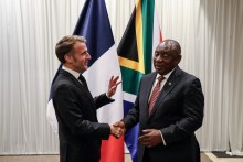 France’s President Emmanuel Macron (L) shakes hands with South Africa's President Cyril Ramaphosa (R) during their bilateral meeting at the Sandton Convention Centre in Sandton on November 21, 2025, ahead of the G20 leaders' Summit.