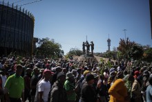 A general view of the Hillbrow tower as protestors gather during a protest march against undocumented migrants organised by “March and March” in Johannesburg on April 29, 2026.