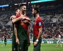 Portugal forward Goncalo Ramos (front) celebrates with team-mates after scoring against Switzerland