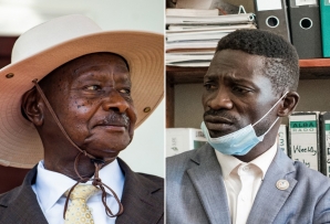Uganda's President Yoweri Museveni (L) and Ugandan musician-turned-politician Robert Kyagulanyi (R), also known as Bobi Wine.