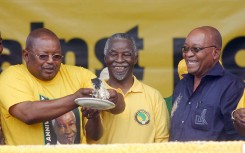 Terror Lekota (L), South African President Thabo Mbeki (C) and African National Congress party Deputy President Jacob Zuma (R) are pictured 13 January 2007 during party's 95th anniversary Witbank South Africa in the eastern town of Witbank.