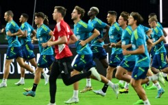 Juventus players including new signing French player Paul Pogba (6L) during a training session in Las Vegas, Nevada on July 21