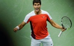 Fired-up: Carlos Alcaraz celebrates a point 