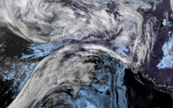 This handout satellite image from NOAA/NESDIS/STAR GOES shows a storm off the western coast of Alaska early on September 18, 2022