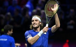 Stefanos Tsitsipas of Team Europe celebrates his win over Diego Schwartzman at the Laver Cup in London