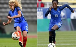France women internationals and former Paris Saint-Germain teammates Kheira Hamraoui (L) and Aminata Diallo (R)