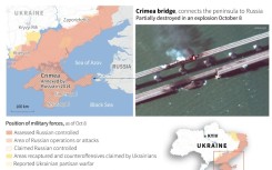 Map of southern Ukraine and satellite image of Crimean bridge