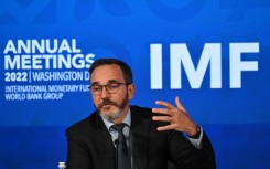 Chief economist of the International Monetary Fund, Pierre-Olivier Gourinchas, speaks at a press conference  following the publication of the Washington-based lender's October 2022 global outlook
